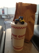 Five Guys, tractor and fries.